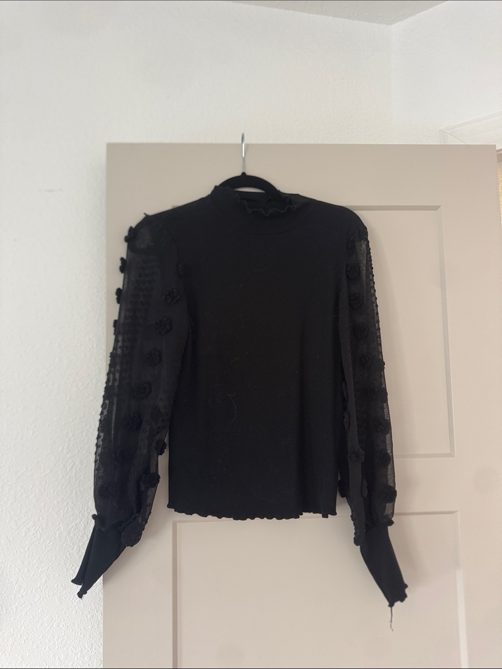 Black Sheer Puff Sleeve Mock Neck Top SIZE SMALL